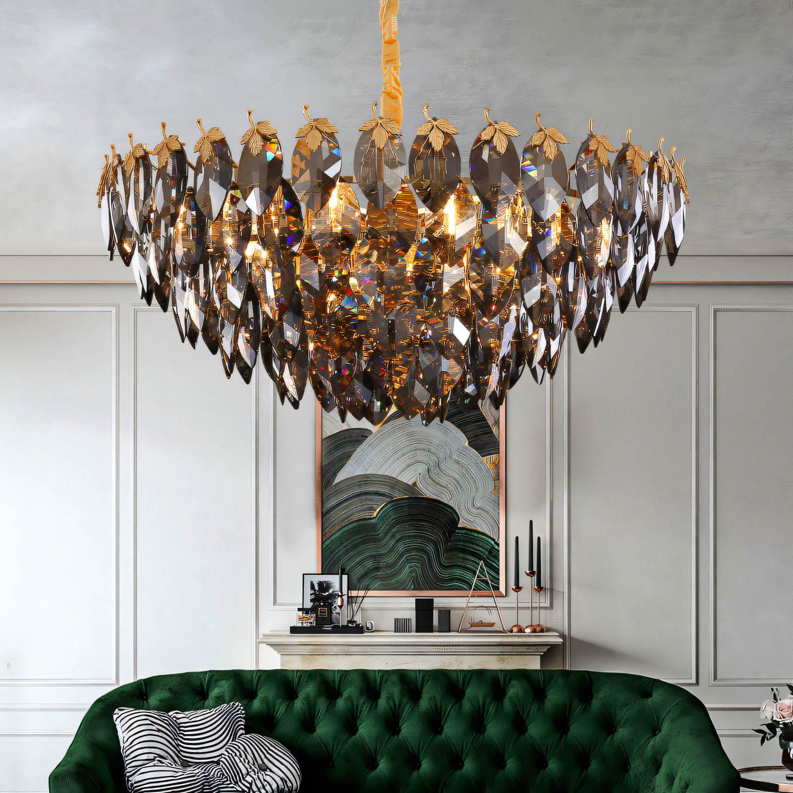 600mm Modern Simple Round Villa Decorative Crystal Leaf Chandelier